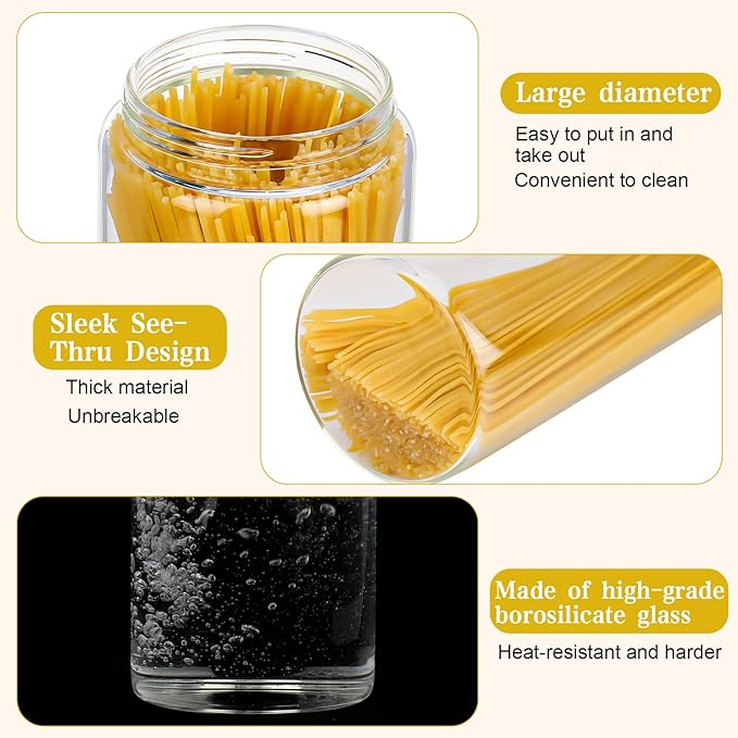 Glass Spaghetti Pasta Storage Container with Lids, Glass Food Storage Jar for Spaghetti, Clear Airtight Food Storage Kitchen Canister for Pasta, Noodles, Nuts, Flour, Cereal