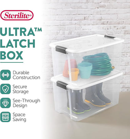 Sterilite 16-Pack Ultra Latching Box, Storage Bins with Lids, Clear Plastic, 70 Quart - Heavy-Duty Organizing Containers for Closet, Bathroom, and Office