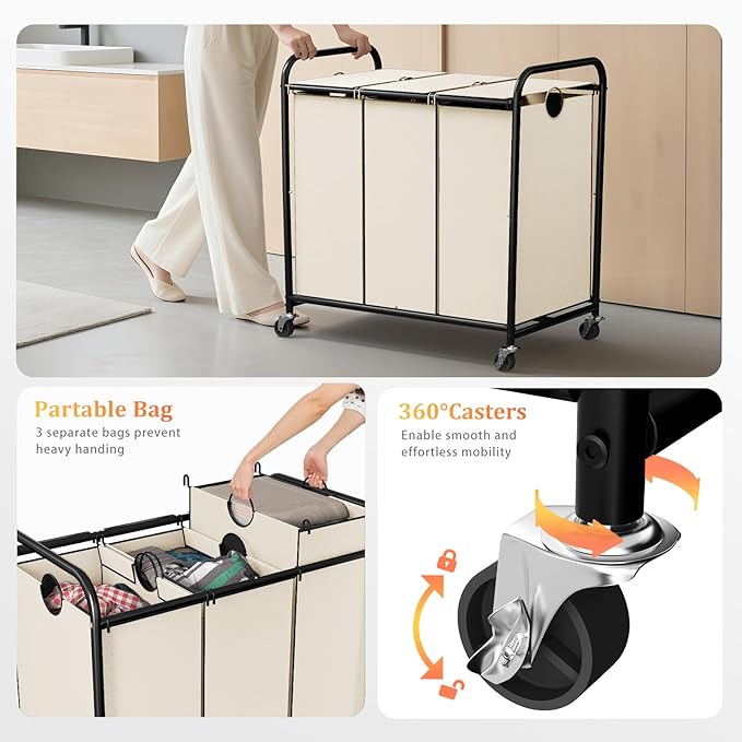 180L (47.55 Gal) Laundry Sorter 3 Section, Rolling Laundry Basket with Lockable Wheels and Lid, Laundry Hamper with 3 Separated Removable Bags Dirty Clothes Hamper for Laundry Room Organizer, White