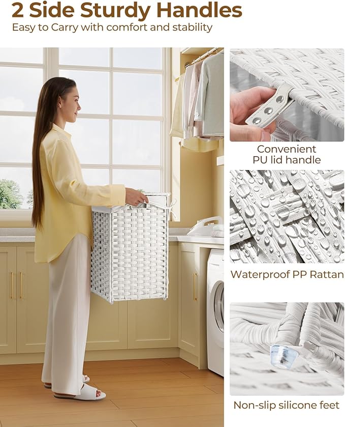 Greenstell Laundry Hamper with Lid, 60L Clothes Hamper with 2 Removable Liner Bags & 2 Mesh Bags, Handwoven Synthetic Rattan Basket, Toys in Bathroom, Bedroom White