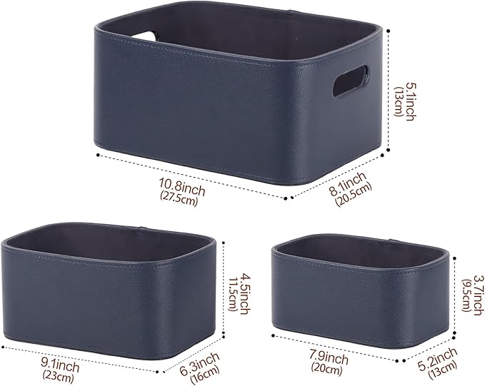 HofferRuffer Faux Leather Storage Baskets Bins with Velvet Lining for Organizing, Storage, Gifts, Set of 3 Nesting Shelf Baskets Decorative Storage Boxes for Home Organization (Blue)