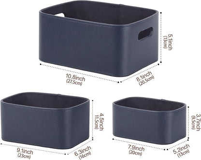 HofferRuffer Faux Leather Storage Baskets Bins with Velvet Lining for Organizing, Storage, Gifts, Set of 3 Nesting Shelf Baskets Decorative Storage Boxes for Home Organization (Blue)