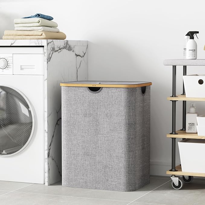 Lifewit 120L Laundry Basket with Lid, Clothes Hampers for Laundry with Bamboo Handles and 1 Removable Bag, Large Foldable Laundry Hamper for Bedroom, Bathroom, Dorm, Laundry Room, Light Gray