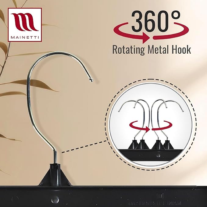 Mainetti Black Plastic Clothes Hangers 100 Pack | 12-Inch Space Saving Hangers with 360 Swivel Metal Hook & Non-Slip Clips | Closet Hangers Ideal for Pants, Skirts, Slacks and Shorts (6012BRSEMN100)