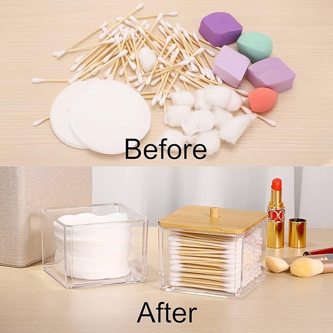Hipiwe Clear Q-tip Dispenser Holder Acrylic Bathroom Containers 2-Tier Square Apothecary Jar with Lid Canister Cotton Swab and Ball Holder Vanity Storage Organizer for Cotton Round and Pads, Floss