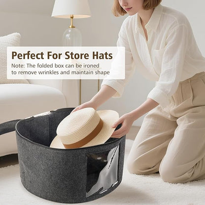 HEAVYWOOD Hat Box for Women Storage Travel Felt Hat Case for Wide-Brim Cowboy Hat Storage Foldable Organizer for Closet Large Round Hat Carrier with Portable Handle (Dark Gray)