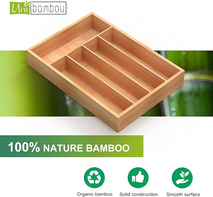 Unibambou Bamboo Utensil Drawer Organizer, Kitchen Organizer for Flatware Cutlery, Silverware Tray for Drawer (5 Slots, Natural)