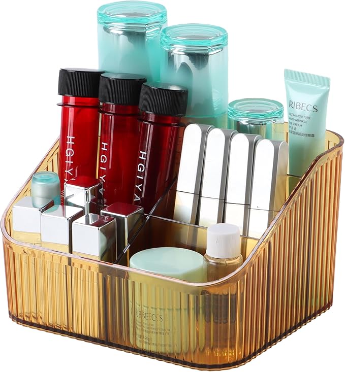 Amber Makeup Brush Holder Organizer for Vanity, Bathroom Countertop Organizer 5 Cups, Toiletry Storage & Display for Skincare, Perfume, Hairbrush, Sunglasses & Desk Accessories