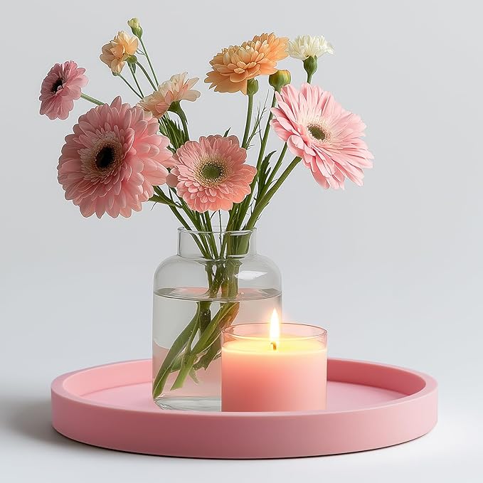 NiHome Thickened Silicone Vanity Organizer Tray for Bathroom Accessories, Kitchen Countertop, Living Room Decor, Multipurpose Shatter-Resistant Round Tray Decor for Candle, Perfume, Soap, Plant (Pink)