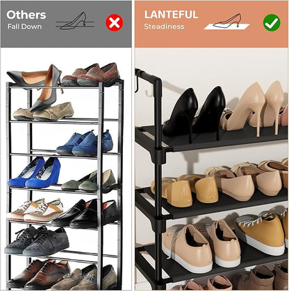 LANTEFUL 4 Tier Shoe Rack for Closet Shoe Organizer with 5 Hooks, Long Shoe Shelf Storage for Shoe and Boot Stackable Free Standing Shoe Rack for Entryway, Garage, Small Spaces, Dorm, Black