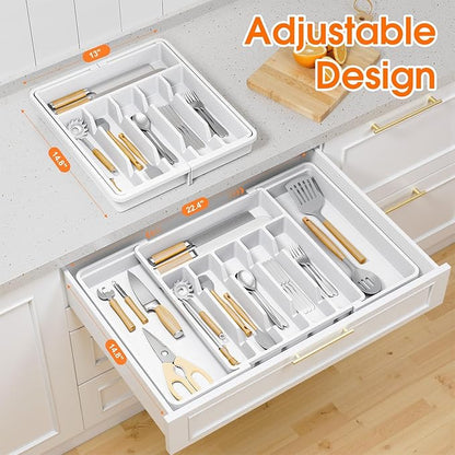 SpaceHacks Silverware Organizer，Adjustable & Expandable Utensil Drawer Organizer, BPA Free Utensil Holder, Cutlery Tray for Forks, Spoons, Knives in Kitchen, Large, White