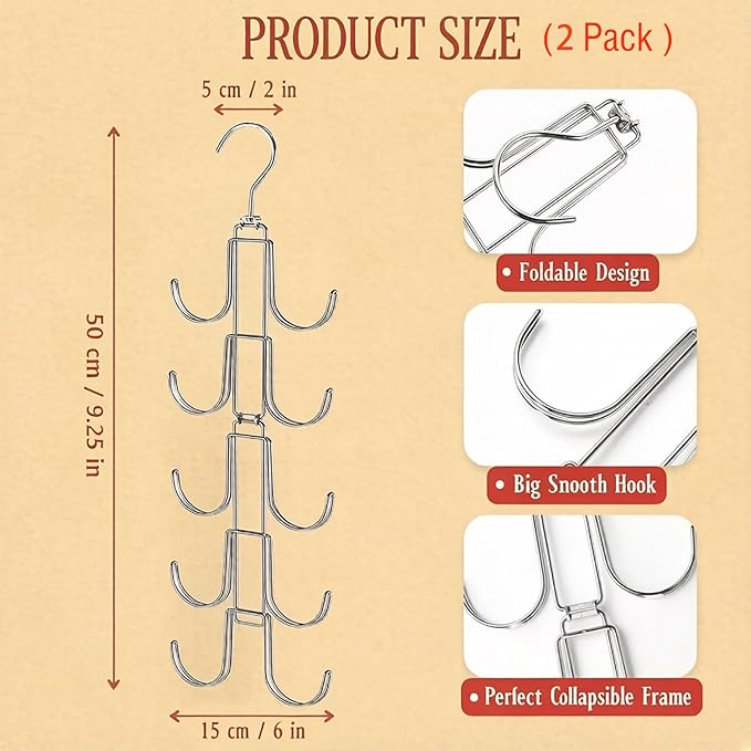 Baseball Hat Organizer for Closet, Collapsible Caps Rack with 10 Rotatable Large Hooks, Hat Hanger for Display,Storage and Closet Organizers,Metal Space Saving Holds Up to 40 Caps (Silver 2 Pcs)