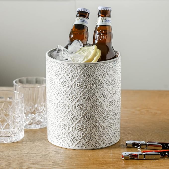 KOOV Kitchen Utensil Holder, Large Utensil Holders for Countertop, 6 x 7 Inches Ceramic Utensil Crock, Deep and Stable, Cooking Utensil Holder, Embossed Pattern, White