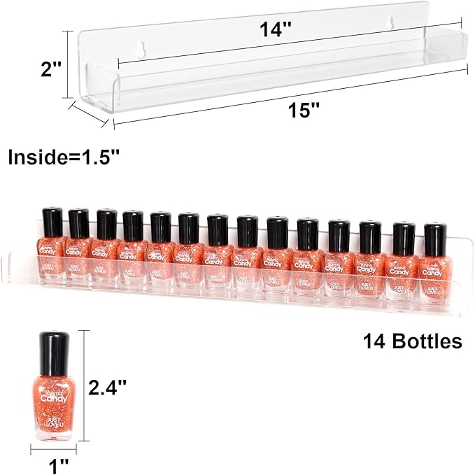 BTremary 15" Acrylic 6 Shelves Nail Polish Wall Mounted Holder Paint Organizer Storage Rack Clear Hanging Nail Polish Shelf Floating Wall Mount Nursery Bookshelves Vinyl Display Record Holder.