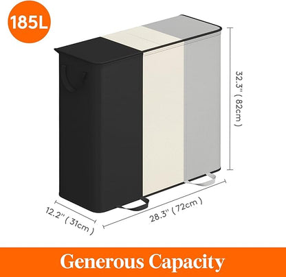 Lifewit Triple Laundry Hamper with Lid and Removable Laundry Bags, Large Collapsible 3 Dividers Dirty Clothes Basket with Handles for Bedroom Laundry Room Closet Bathroom College,185L Black&White&Gray