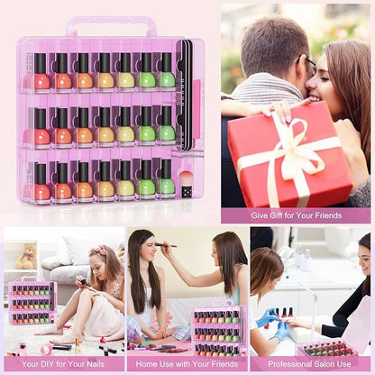 SUBAY Nail Polish Organizer Case for 48 Bottles, Double Side Nail Polish Holder for Storage Display, Portable Nail Polish Storage with 2 Toe Separators, 6 Adjustable Dividers for Space Saver, Pink