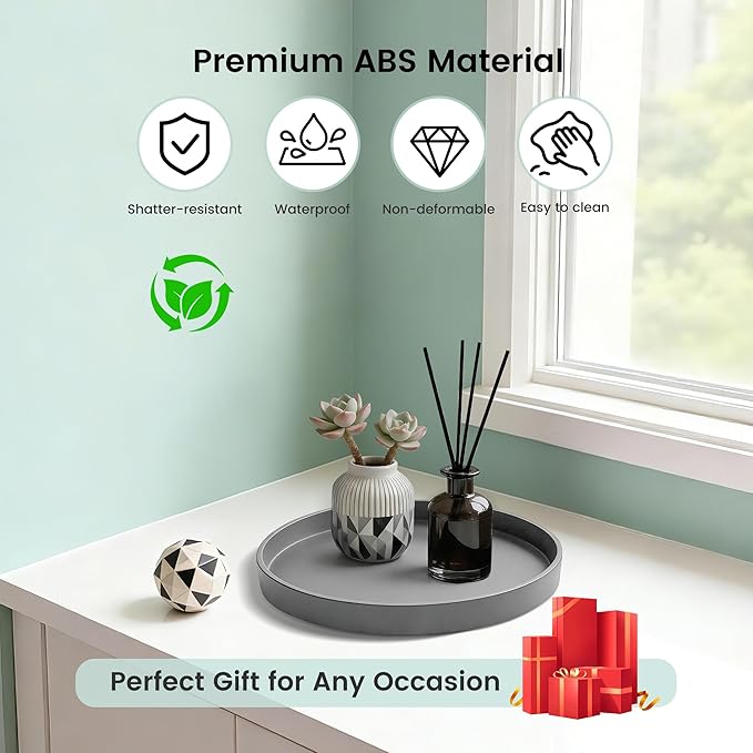 1 Pack 9" Bathroom and Vanity Tray, ABS Bathroom Counter Organizer, Coffee Table Decor for Perfume, Candles, Keys &More. Kitchen Countertop Organizer, Decorative Tray Soap Holder, Grey