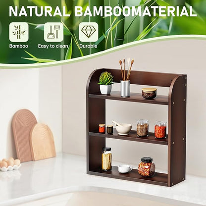 ROMGUAR CRAFT 3 Tier Bamboo Spice Rack, Countertop or Wall Mounting Wood Spice Jars Organizer Shelf for Kitche, Pantry (Brown)