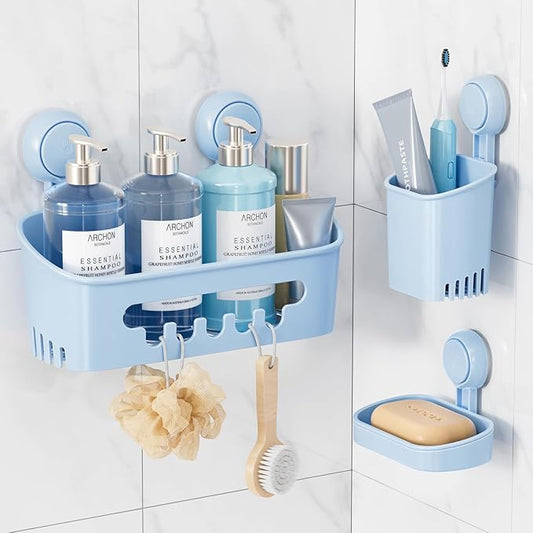 LEVERLOC Shower Caddy Suction Cup Set Shower Organizer & Soap Holder & Toothbrush Holder, Bathroom Shelf Basket NO-Drilling, Removable Suction Storage Waterproof Bathroom Holder, Blue