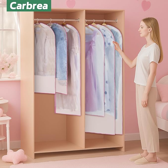 Carbrea 6 Pack Garment Bags for Hanging Clothes - Translucent Suit Bag for Closet Storage, Clothes Cover for Hanging Shirts, Dresses, Travel, Moving - Pink