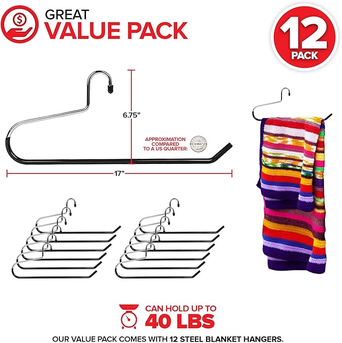 Blanket Hangers (12 Pack) - Stainless Steel Quilt Hangers with Vinyl Non-Slip Coating - Holds Up to 40 Lbs - Heavy Duty for Closet Storage, Comforters, Bedding, Towels, Rugs - Stock Your Home