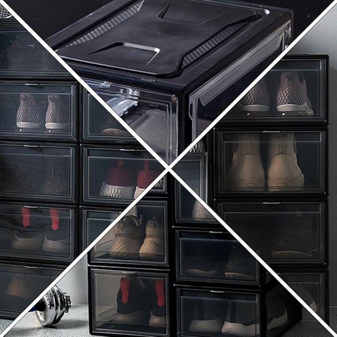 NUOBESTY Small Sneaker Shoe Box Clamshell Lid, Stackable Drawer-style Shoe Storage Container for Men and Women, Black Snap Closure Organizer for Closet and Display