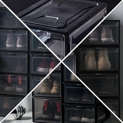 NUOBESTY Small Sneaker Shoe Box Clamshell Lid, Stackable Drawer-style Shoe Storage Container for Men and Women, Black Snap Closure Organizer for Closet and Display