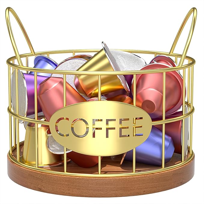 Coffee Pod Holder, Rustic K Cup Holder Organizer for Counter, Coffee Pods Storage Organizer for Coffee Bar Accessories Decor(Gold-02)