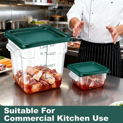 4 Pack 2QT & 4QT Food Storage Containers with Green Lids, Clear Square Restaurant Commercial Food Storage Containers with Handle and Scale, Marinating Container Dough Rising Bucket for Home & Dining