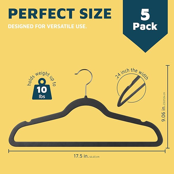 Lifemaster Velvet Clothes Hangers – with 360 Degree Swivel Hook and Non-Slip Shoulder Notch, Holds Up to 10 lbs, Heavy Duty Hanger Set, for Organizing Suit, Dress, Coat, and Clothes, Pack of 5, Gray