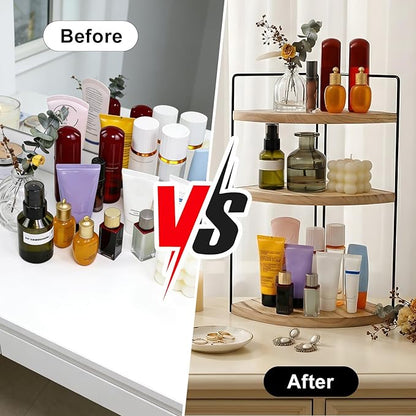 Corner Bathroom Counter Organizer Countertop Brown, 2 Pack 3 Tier Corner Shelf Wood Vanity Tray Easy Assembly Space Saving Shelf for Kitchen, Bathroom, Dresser, Makeup, Office