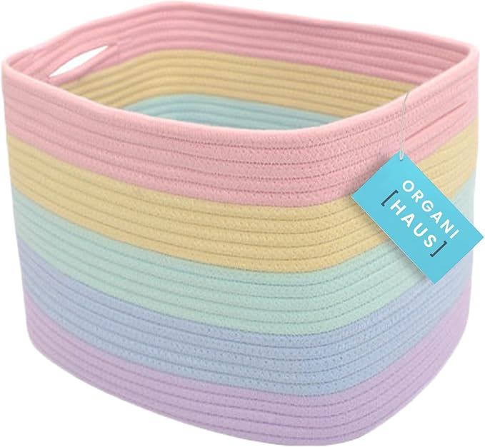 Pastel Rainbow Cotton Rope Basket for Shelf Storage - 15"×10"×9½" - Colorful Decorative Basket for Kids - Nursery, Playroom, Classroom - Toy Storage, Books, Towels
