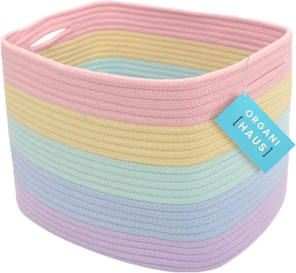 Pastel Rainbow Cotton Rope Basket for Shelf Storage - 15"×10"×9½" - Colorful Decorative Basket for Kids - Nursery, Playroom, Classroom - Toy Storage, Books, Towels