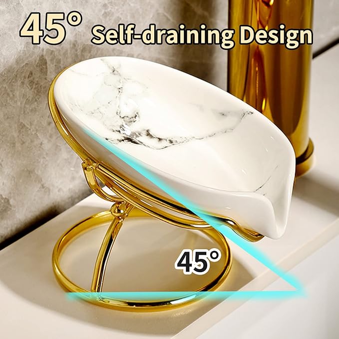 Dobbyby Leaf-Shaped Ceramic Soap Dish with Drain, Holder, Saver, Tray, Bar Soap Holder, Easy Cleaning, for Shower Bathroom Kitchen Sink Bathtub, Pro-Environment White