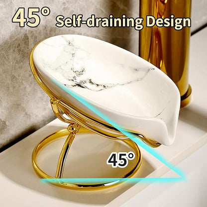 Dobbyby Leaf-Shaped Ceramic Soap Dish with Drain, Holder, Saver, Tray, Bar Soap Holder, Easy Cleaning, for Shower Bathroom Kitchen Sink Bathtub, Pro-Environment White