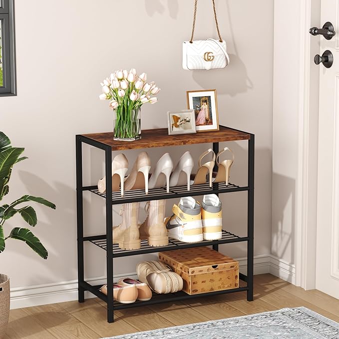 HOMEFORT 4-Tier Shoe Rack Organizer, Shoe Tower for Closet, Shoe Storage Shelf with MDF Top Board, Each Tier Fits 3 Pairs of Shoes, Entryway Shoes Organizer with Sturdy Metal Shelves, Rustic Brown
