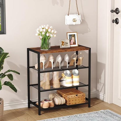 HOMEFORT 4-Tier Shoe Rack Organizer, Shoe Tower for Closet, Shoe Storage Shelf with MDF Top Board, Each Tier Fits 3 Pairs of Shoes, Entryway Shoes Organizer with Sturdy Metal Shelves, Rustic Brown