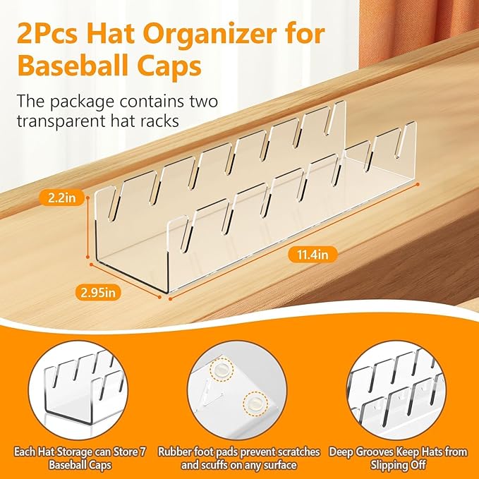 Hat Stand Organizer for Baseball Caps, No Install Acrylic Hat Holder for 14 Baseball Caps, Hat Rack Closer Display and Organization for Bedroom, Dresser, Closet Accessories(2Pcs, Clear)