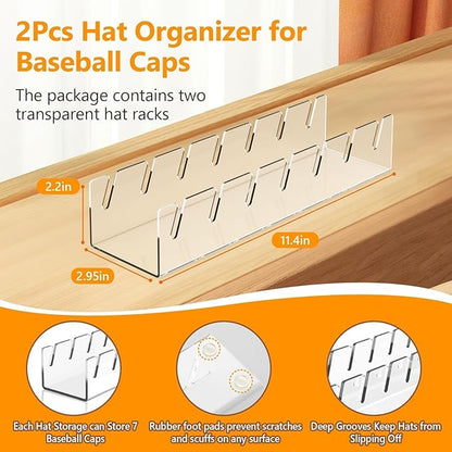 Hat Stand Organizer for Baseball Caps, No Install Acrylic Hat Holder for 14 Baseball Caps, Hat Rack Closer Display and Organization for Bedroom, Dresser, Closet Accessories(2Pcs, Clear)