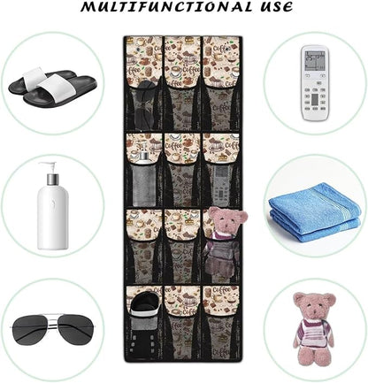 12-Compartment Over The Door Hanging Storage Bag, Waterproof Dirt-Resistant and Easy to Fold for Compact Storage, Coffee Print