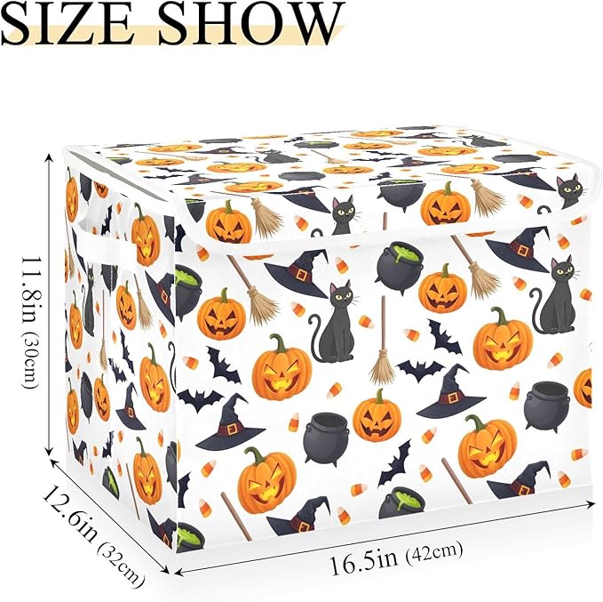 senya Halloween Storage Baskets Collapsible Storage Bins with Lids, Halloween Pumpkin Black Cat Ghost Bat Pattern Storage Boxes Clothes Baskets for Organizing
