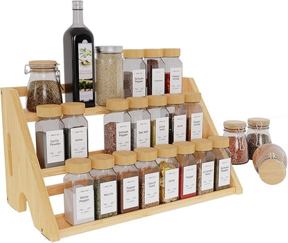 Bamboo Spice Rack Organizer -3-Tier Spice Rack for Countertop,Cabinet Spice Rack Organizer for 24 Spice Jars(4oz)，Step Shelf (yellow)