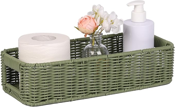 Storage Wicker Basket Decor: Green Decorative Storage Bin for Countertop and Shelves - Waterproof Toilet Paper Basket over Toilet Tank