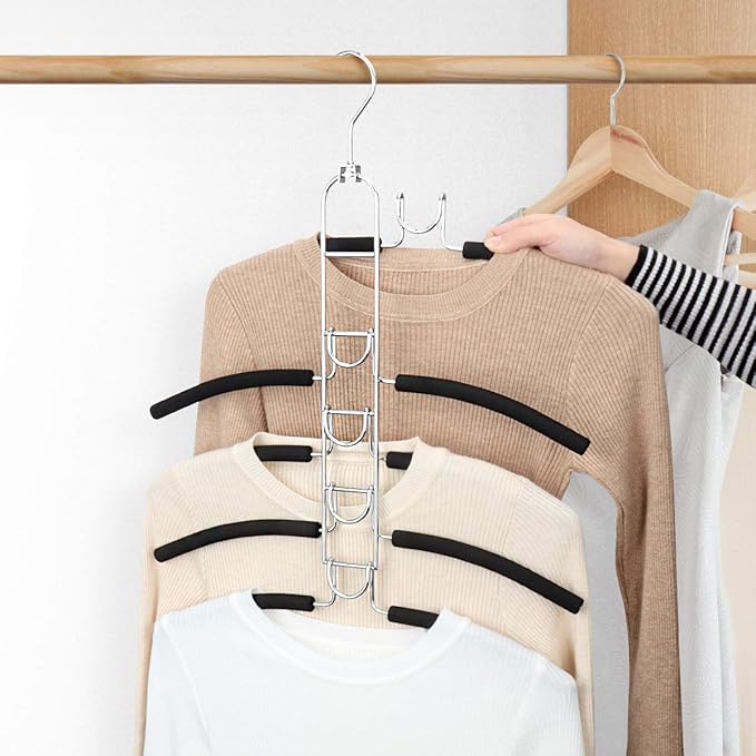Mastom Space Saving Clothes Hangers, Multilayer Metal Hanger 2 Pack 5 in 1 Space Saver Coat Hangers, Anti-Slip Foam Padded Shirt Suit Hanger for Closet Storage Organizer