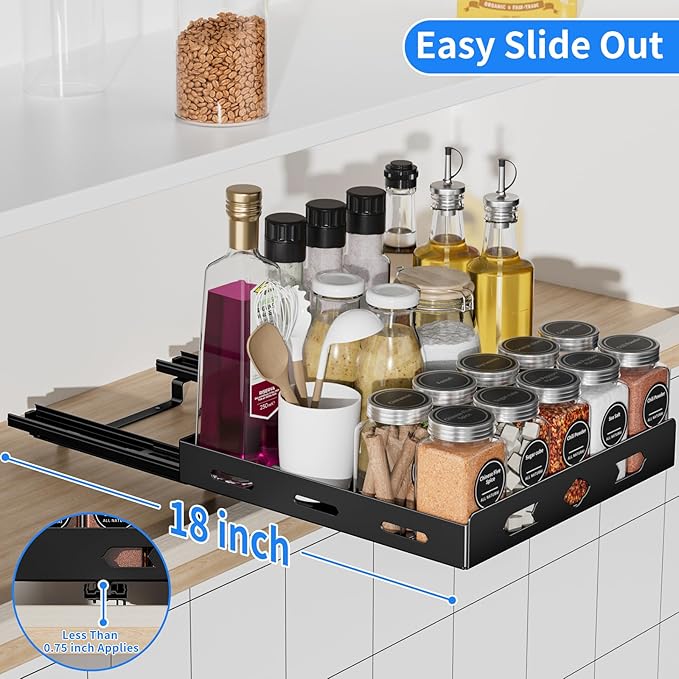 BOIVSHI Pull Out Spice Rack Organizer for Cabinet, Heavy Duty Spice Organizer, Vertical Spice Rack Organizer for Kitchen, Cabinet, Pantry (10.5''Wx10.5''Dx2.8''H, Metal Black)