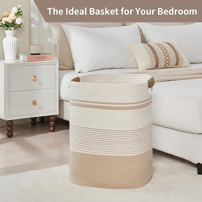 AINUOQI Laundry Basket with Handles - Blanket Basket & Hampers for Bedroom Aesthetic, Laundry Hamper & Blanket Storage for Living Room, Clothes Hamper, Tall, Large 17" x 14" x 22”, Off-white