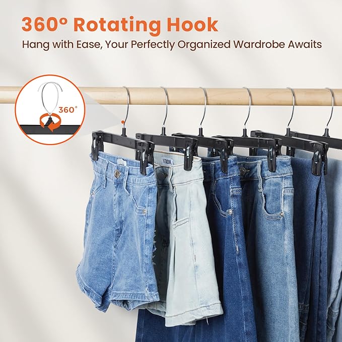 HOUSE DAY Black Pants Hangers 50 Pack, Skirt Hangers with Non-Slip Big Clips and 360° Swivel Hook, Heavy Duty Slim Plastic Pants Hanger, Space Saving Clip Hanger for Pants, Skirts, Shorts - 10 Inch