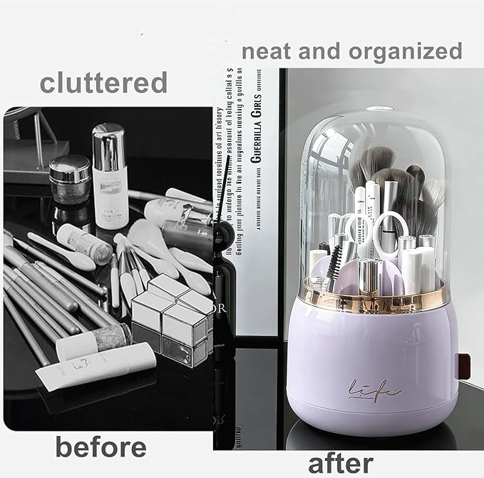 360 Rotating Makeup Brush Holder with Lid Clear Dustproof Make Up Organizers for Vanity Countertop Includes a Foldable Bowl for Cleaning Makeup Brush,Transparent, Dustproof-Purple