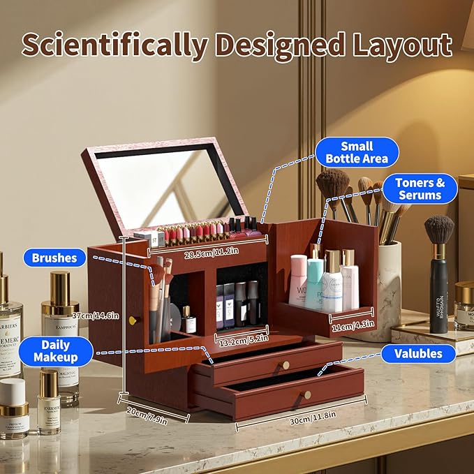 Makeup Organizer Countertop with Drawers: Wooden Multifunctional Dresser Top Cosmetics Storage Tabletop Skin Care Organizer Shelf for Desktop, Skincare, Beauty Supplies, Cosmetics Display
