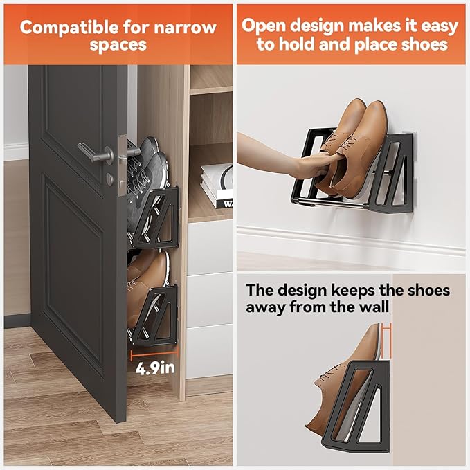 4 Pack Wall Mount Shoe Rack for RV Organization and Storage, Wall Shoe Storage Space Saving Organizer 4 Pairs of Shoes with Sticky Adhesive Strips Slim Shoe Rack for Camper Shoe Hanger Black